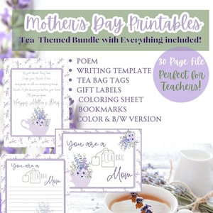 Té del Día de la Madre Imprimible, Manualidades del Día de la Madre para niños, Poema del Té del Día de la Madre, Actividad escolar del Día de la Madre, Día de la Madre para Maestros