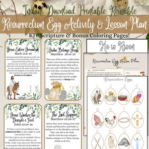 May include: A printable Easter activity set with 12 illustrated eggs representing the story of Jesus' resurrection. Each egg has a corresponding scripture verse and a number. The set includes a lesson plan and coloring pages.