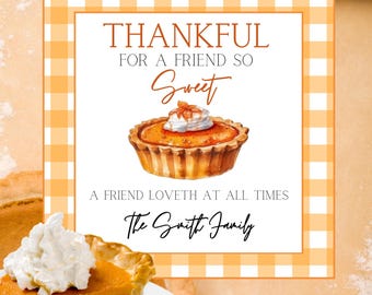 Puede incluir: Una tarjeta de Acción de Gracias con una ilustración de pastel de calabaza y las palabras "THANKFUL FOR A FRIEND SO SWEET". La tarjeta tiene un borde de cuadros y incluye el texto "A FRIEND LOVETH AT ALL TIMES" y "The Smith Family."