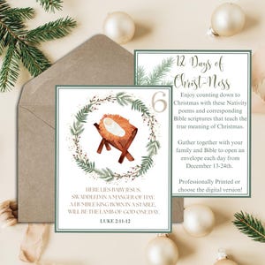May include: A Christmas-themed card with a watercolor illustration of a manger scene, surrounded by a green wreath. The card includes text from Luke 2:11-12 and is part of a 12 Days of Christmas set.