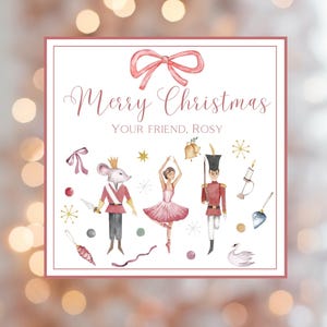 May include: A square Christmas card with a pink border and a watercolor illustration. The card features a pink bow, the text "Merry Christmas," and various Nutcracker-themed illustrations, including a mouse, ballerina, and soldier. The text "Your Friend, Rosy" is also included.