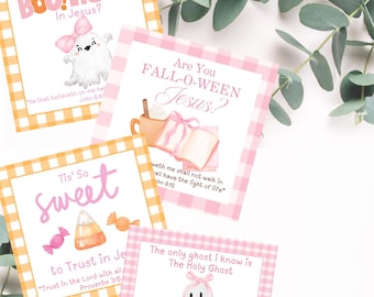 May include: A collection of six Halloween-themed Bible verse tags. Each tag features a unique design with phrases like "Boo!Lieve in Jesus?" and "Are You FALL-O-WEEN Jesus?" The tags have a pink and orange gingham border and include illustrations of ghosts and candy.