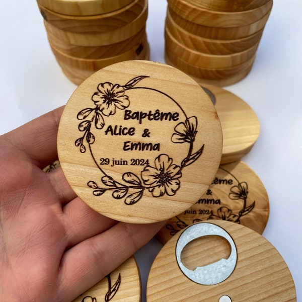 Apribottiglie in legno rotondo personalizzato, apribottiglie in legno con magnete, regalo di nozze, bomboniere per ospiti, apribottiglie personalizzabile