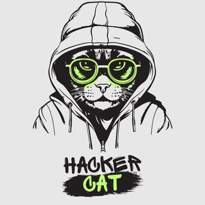 May include: A black and white illustration of a cat wearing a hooded sweatshirt and green sunglasses. The text "Hacker Cat" is written below the cat.