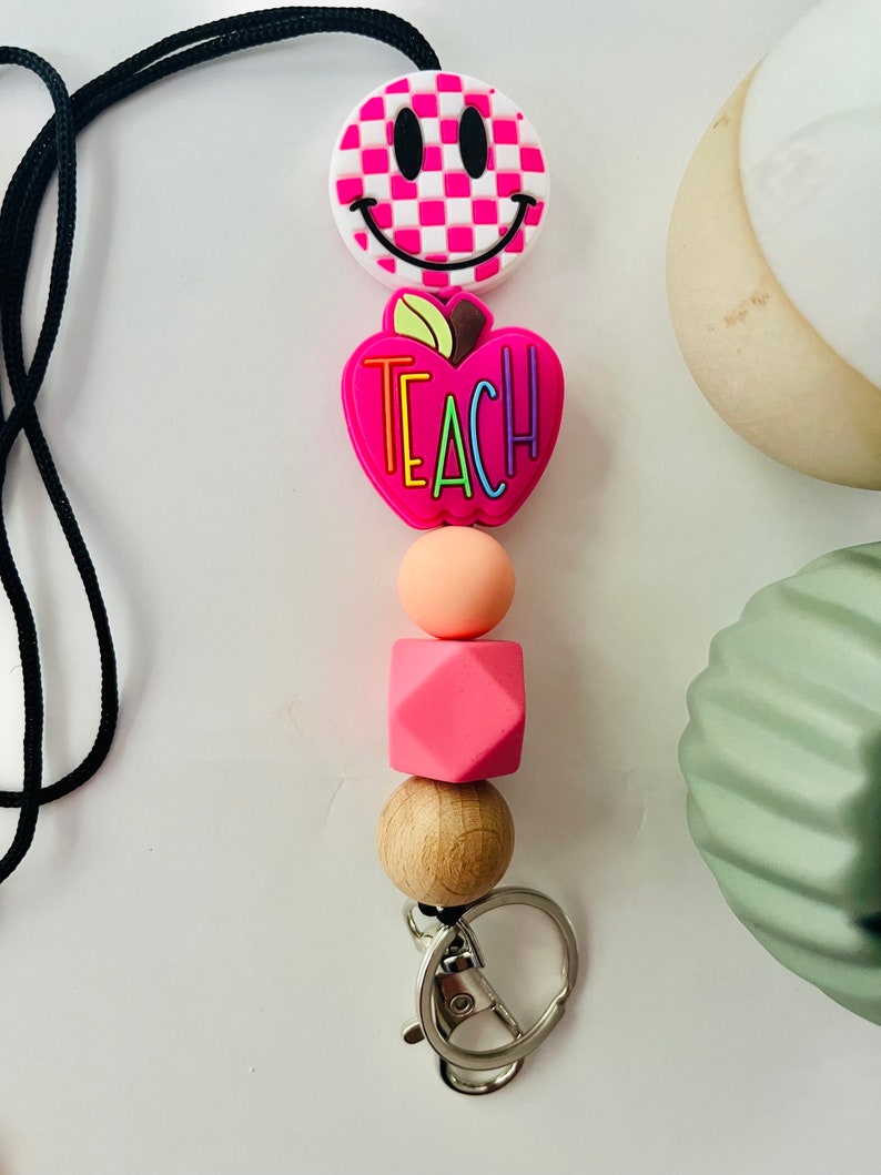 Smiley teachers lanyard teachers id tag silicone beads silicon beads