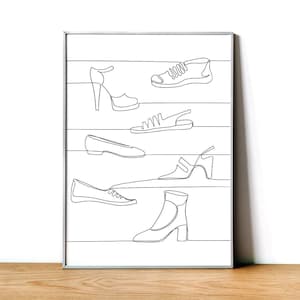 Schuh-Set Druck, zeitgenössische weibliche Skizze, Linie Kunst Illustration, Download Raum Poster, digital druckbares Geschenk, moderne Mode Wandkunst
