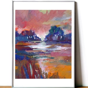 May include: Abstract painting of a landscape with a pink, orange, and blue sky, a body of water, and trees in the distance.