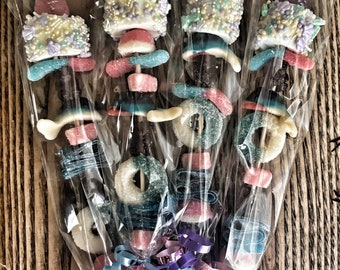 5+ brochetas de caramelo con temática de sirena XL, obsequios para fiestas, obsequios de cumpleaños, obsequios para fiestas infantiles, brochetas de caramelo, caramelos, cumpleaños infantiles; gomitas *ENVÍO GRATIS*