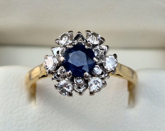 Vintage 1974 Sapphire Diamond Ring | 18ct Gold & Platinum | Cluster Engagement Ring | Princess Diana Style | Resizable