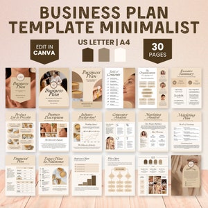 May include: A minimalist business plan template with 30 pages. The template is designed in a neutral colour palette of brown, beige, and white. The template includes sections for product list, business description, industry background, competitor analysis, financial plan, future plans and milestones, marketing analysis, and marketing plan.