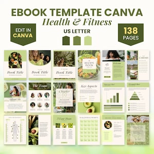 Green eBook Template Health, Recipe eBook Template Canva, Wellness Coach Workbook Template Editable Lead Magnet Fitness eBook Template Canva