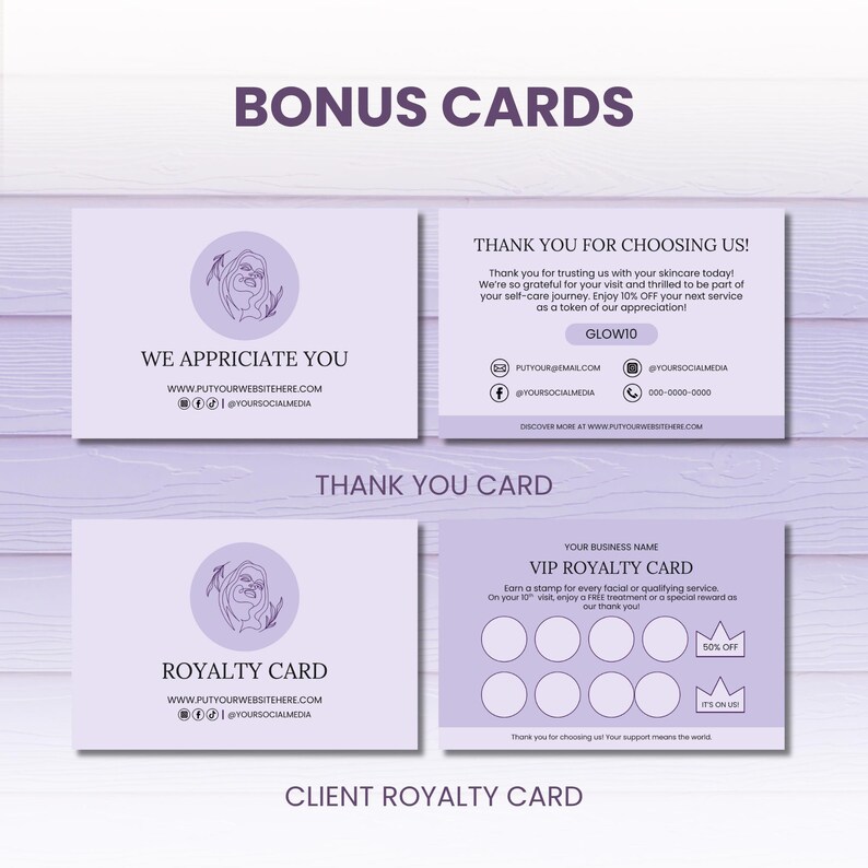May include: A set of light purple bonus cards and thank you cards with text and a circular logo. The cards include the phrases "We Appreciate You", "Thank You For Choosing Us!", and "Royalty Card". The cards also include social media handles and website information.