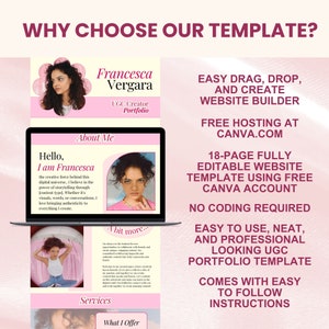 Op de afbeelding: Een roze en witte website-sjabloon voor een UGC-creatorportfolio. De sjabloon bevat een foto van een vrouw, de tekst "Hello, I am Francesca" en de tekst "A bit more..." De sjabloon is ontworpen om gemakkelijk te gebruiken en aan te passen, en wordt geleverd met instructies over het gebruik ervan.