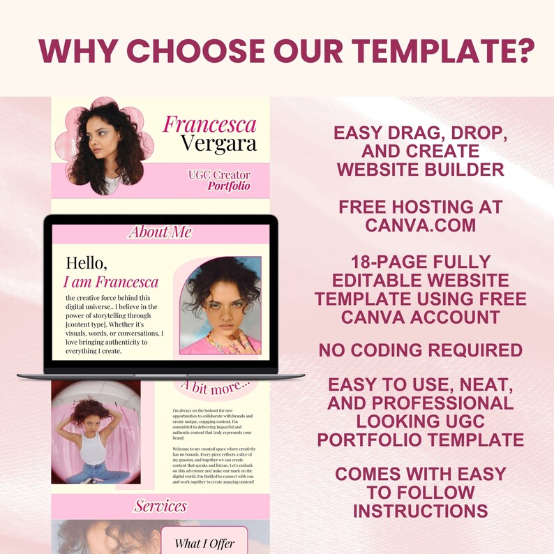 Op de afbeelding: Een roze en witte website-sjabloon voor een UGC-creatorportfolio. De sjabloon bevat een foto van een vrouw, de tekst "Hello, I am Francesca" en de tekst "A bit more..." De sjabloon is ontworpen om gemakkelijk te gebruiken en aan te passen, en wordt geleverd met instructies over het gebruik ervan.