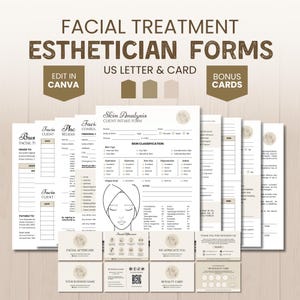 May include: A collection of esthetician forms, including client intake, release, and aftercare documents. The forms are in a neutral color palette with the text "FACIAL TREATMENT ESTHETICIAN FORMS" at the top. The phrase "US LETTER & CARD" is also visible.