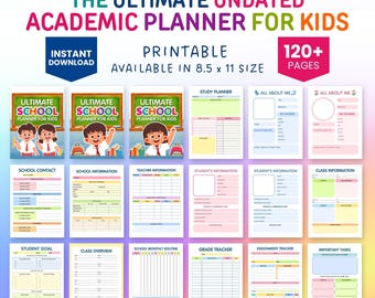 Undated Student Academic Planner for Kids, Student Planner Bundle, Kids School Planner Printable Student Journal, Digital Study Planner Kids