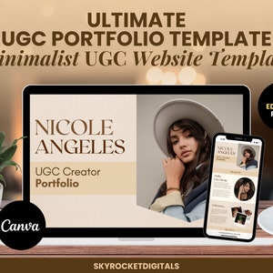 Può includere: Uno schermo di laptop che mostra un modello di sito web per un portfolio di creatore UGC. Il modello presenta un design minimalista con una tavolozza di colori neutri e una foto di una donna con un cappello. Il testo "NICOLE ANGELES UGC Creator Portfolio" è visualizzato sullo schermo. Il laptop è appoggiato su un tavolo di legno con una tazza di caffè e una pianta in un vaso bianco.