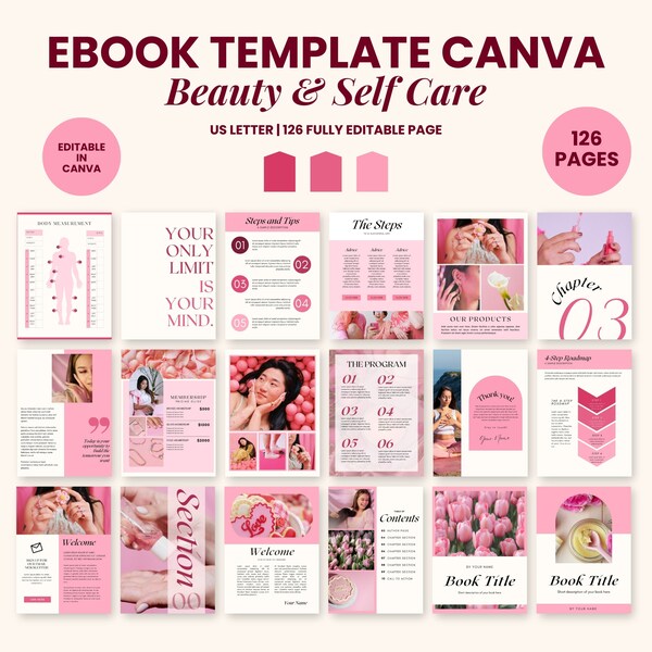 Ebook Template Pink, Beauty Ebook Template Canva, Minimalist Coaching Workbook Template, Lead Magnet, Pink Editable Ebook Template Design