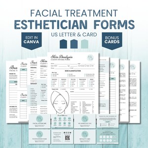 May include: A collection of esthetician forms and cards, including client intake forms, facial aftercare instructions, and business cards. The forms are in a US Letter size and feature a teal and navy blue color scheme. The text "FACIAL TREATMENT ESTHETICIAN FORMS" is displayed.