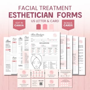 May include: A collection of pink and white esthetician forms, including client intake forms, release forms, and business cards. The forms are labeled "Facial Treatment Esthetician Forms" and "US Letter & Card". The design includes a pink color palette and the option to edit in Canva.