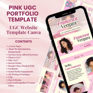Op de afbeelding: Een roze en witte telefoonmockup die een website-sjabloon voor een maker van door gebruikers gegenereerde content weergeeft. De sjabloon bevat secties voor een over mij-pagina, diensten, prijzen en contactgegevens. De tekst op het telefoonscherm luidt "Francesca Vergara, Maker van door gebruikers gegenereerde content".