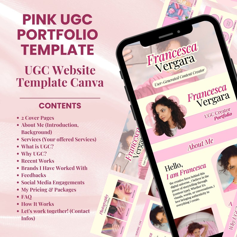 Op de afbeelding: Een roze en witte telefoonmockup die een website-sjabloon voor een maker van door gebruikers gegenereerde content weergeeft. De sjabloon bevat secties voor een over mij-pagina, diensten, prijzen en contactgegevens. De tekst op het telefoonscherm luidt "Francesca Vergara, Maker van door gebruikers gegenereerde content".