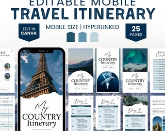 Mobile Travel Itinerary Template | Digital Trip Itinerary Canva | Editable Travel Planner | Travel Agency Template, Vacation Traveling Guide