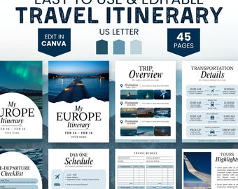 Editable Travel Itinerary Template Blue, Trip Itinerary, Travel Guide Digital Travel Planner, Vacation Planner Canva, Travel Budget Planner