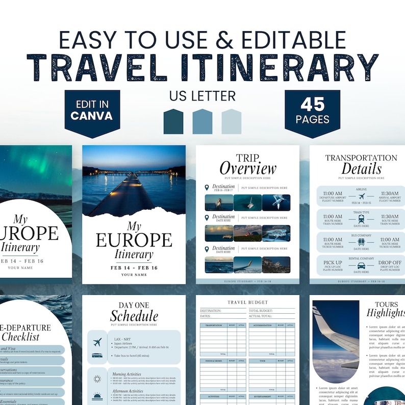 Editable Travel Itinerary Template Blue, Trip Itinerary, Travel Guide ...