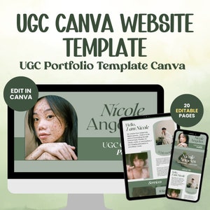 Può includere: Un modello di sito web Canva verde e bianco per un portfolio UGC. Il modello presenta una foto di una donna su uno sfondo verde e il testo "Nicole Angeles, Portfolio UGC".