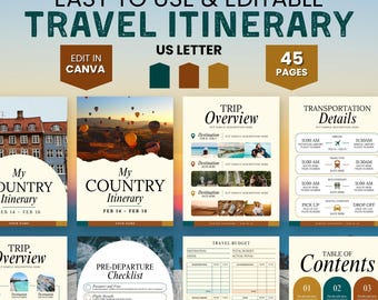 Travel Itinerary Template Canva, Travel Budget Planner, Retro Trip Itinerary, Travel Guide Digital Travel Planner, Vacation Planner Canva