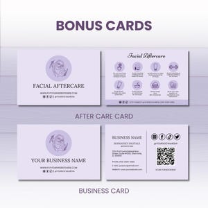 May include: A set of light purple business cards and aftercare cards. The aftercare card has facial aftercare instructions. The business card includes a logo, business name, contact information, and a QR code for booking.