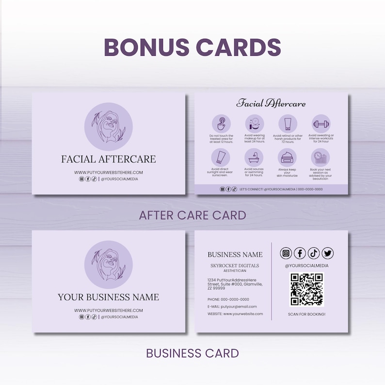 May include: A set of light purple business cards and aftercare cards. The aftercare card has facial aftercare instructions. The business card includes a logo, business name, contact information, and a QR code for booking.
