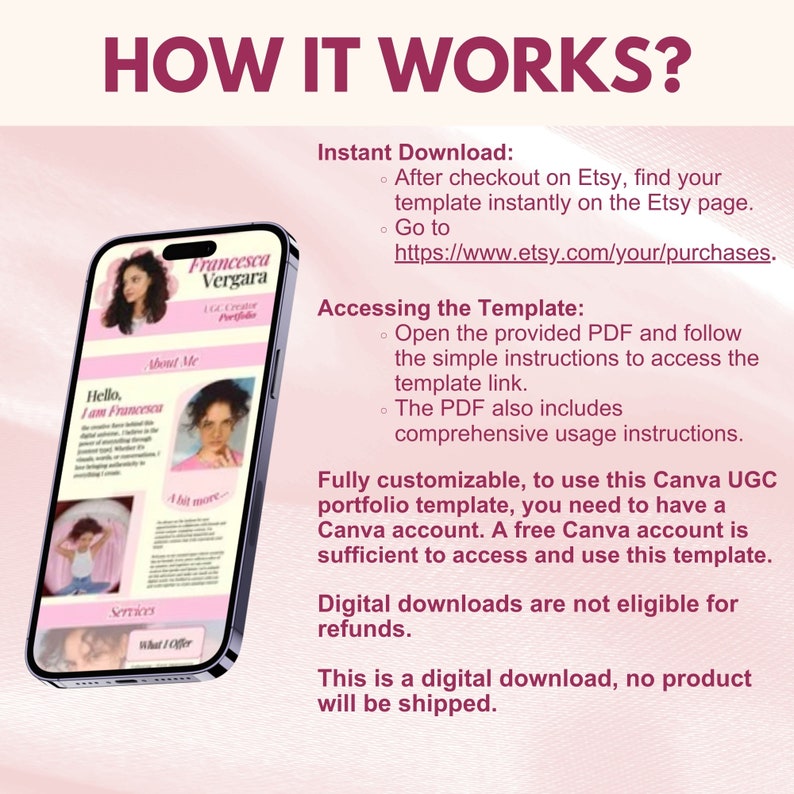 Op de afbeelding: Een digitale download voor een Canva-portfoliotemplate. De afbeelding toont een telefoonscherm met een voorbeeldportfolio met de tekst "Francesca Vergara" en "Hello, I am Francesca". De tekst "Direct downloaden", "Toegang tot de sjabloon", "Volledig aanpasbaar" en "Digitale downloads komen niet in aanmerking voor restitutie" is ook zichtbaar.