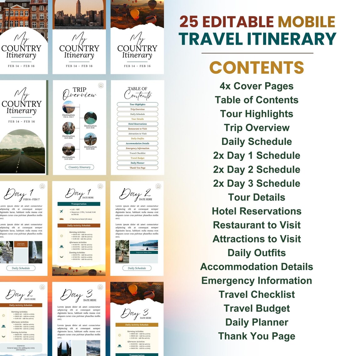 Mobile Travel Itinerary Template Canva, Trip Itinerary Guide, Digital ...