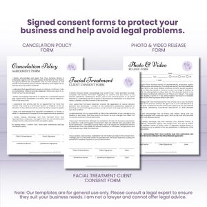 May include: Three consent form templates: Cancellation Policy, Facial Treatment Client Consent, and Photo & Video Release. Each form has a header and space for client and esthetician signatures. The forms are on a white background with a purple floral design.