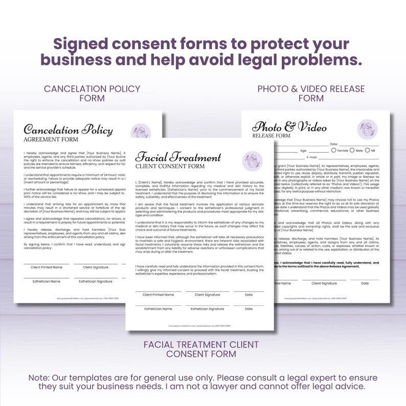 May include: Three consent form templates: Cancellation Policy, Facial Treatment Client Consent, and Photo & Video Release. Each form has a header and space for client and esthetician signatures. The forms are on a white background with a purple floral design.