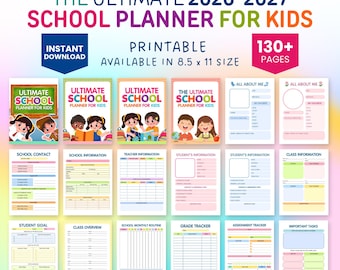 Kids School Planner Printable, Academic Planner for Student, 2026-2027 Back to School Work Planner, Student Planner Editable School Tracker