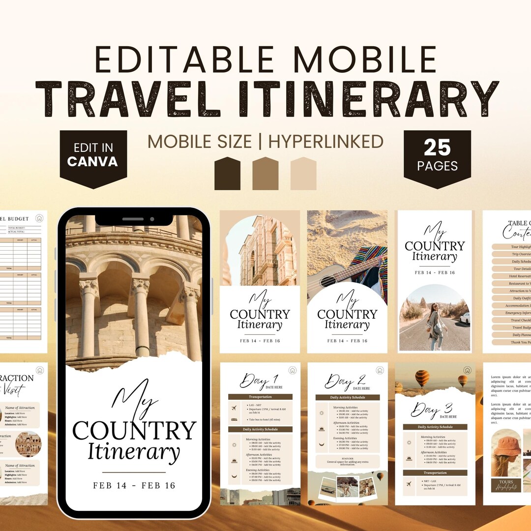 Mobile Travel Itinerary Template Canva, Trip Itinerary Guide, Digital ...