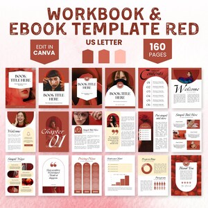 Könnte beinhalten: Eine rote und weiße Workbook- und E-Book-Vorlage mit 160 Seiten. Die Vorlage ist für die Verwendung mit Canva konzipiert und enthält ein Inhaltsverzeichnis, eine Willkommensseite, Kapitelseiten, Preispläne, ein Statistikdiagramm, Fortschrittsringe und eine Dankesseite. Die Vorlage verfügt über ein rotes und weißes Farbschema mit einem modernen und minimalistischen Design.