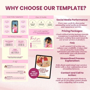 Op de afbeelding: Een roze en witte sjabloon voor social media marketingdiensten. De sjabloon bevat secties voor social media-betrokkenheid, prijspakketten, veelgestelde vragen en een uitleg van het gestroomlijnde proces. De sjabloon bevat ook een call-to-action om contact op te nemen voor meer informatie.