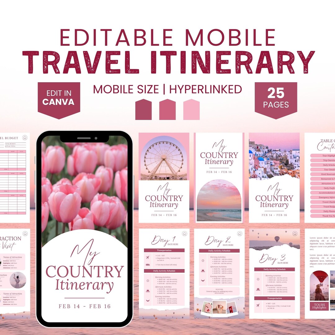 Mobile Travel Itinerary Template Canva, Trip Itinerary Guide, Digital ...