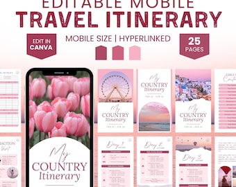 Mobile Travel Itinerary Template Canva, Trip Itinerary Guide, Digital Travel Planner Pink Editable Vacation Itinerary Travel Agency Template