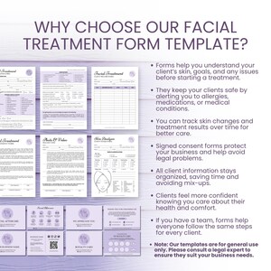 May include: A collection of purple and white facial treatment form templates. The forms include sections for client information, photo and video documentation, and skin analysis. Text on the image reads: "WHY CHOOSE OUR FACIAL TREATMENT FORM TEMPLATE?"