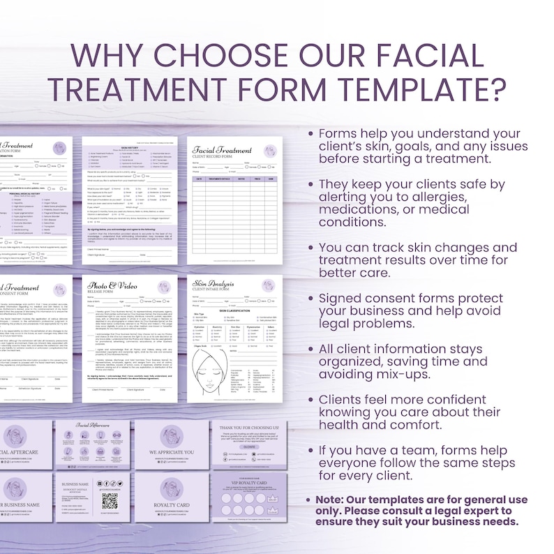 May include: A collection of purple and white facial treatment form templates. The forms include sections for client information, photo and video documentation, and skin analysis. Text on the image reads: "WHY CHOOSE OUR FACIAL TREATMENT FORM TEMPLATE?"
