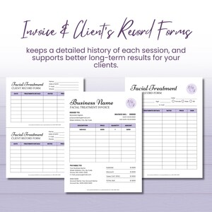 May include: A set of white and lavender-colored facial treatment forms and invoices. The forms include sections for client records, treatment details, and invoice information. The text "Invoice & Client's Record Forms" is at the top.