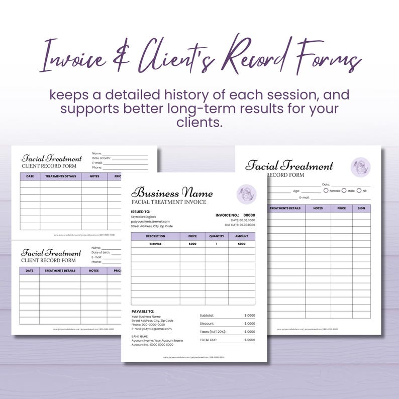 May include: A set of white and lavender-colored facial treatment forms and invoices. The forms include sections for client records, treatment details, and invoice information. The text "Invoice & Client's Record Forms" is at the top.