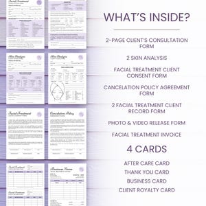 May include: A collection of purple and white facial treatment forms and cards. The forms include client consultation, skin analysis, consent, and record forms. The cards include aftercare, thank you, business, and client royalty cards. Text on the image reads "WHAT'S INSIDE?"