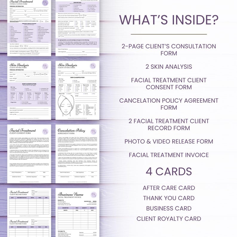 May include: A collection of purple and white facial treatment forms and cards. The forms include client consultation, skin analysis, consent, and record forms. The cards include aftercare, thank you, business, and client royalty cards. Text on the image reads "WHAT'S INSIDE?"