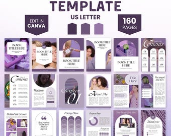 May include: A purple and white ebook and workbook template with 160 pages. The template includes a table of contents, welcome page, chapter page, about me page, pricing plans, progress ring, your promo goes here, and thank you page. The template is designed for use with Canva.